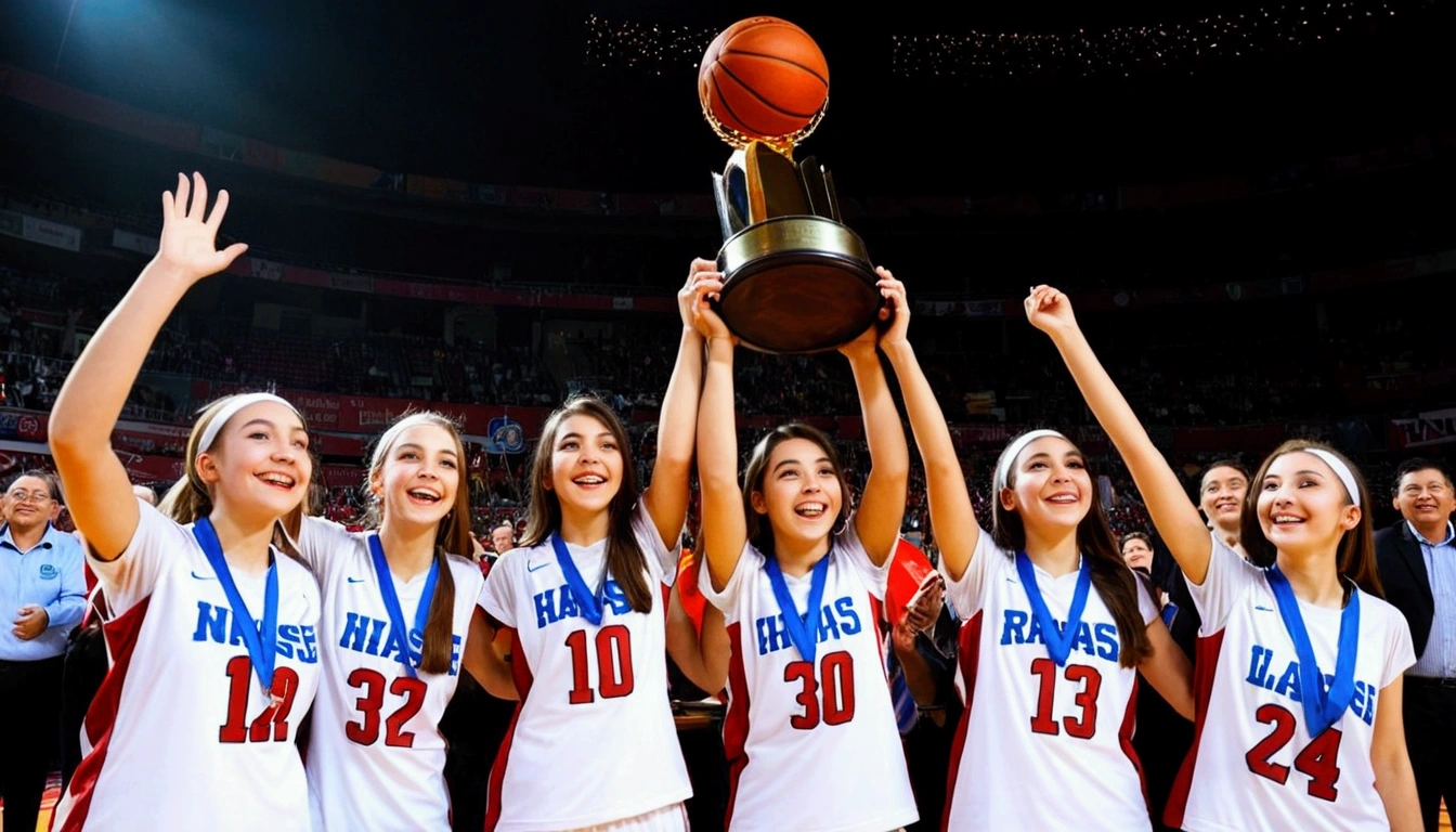 light, Very wide-angle lens,Multiple Girls,very happy,Award ceremony,basketball,stadium,(Raise the trophy),hand