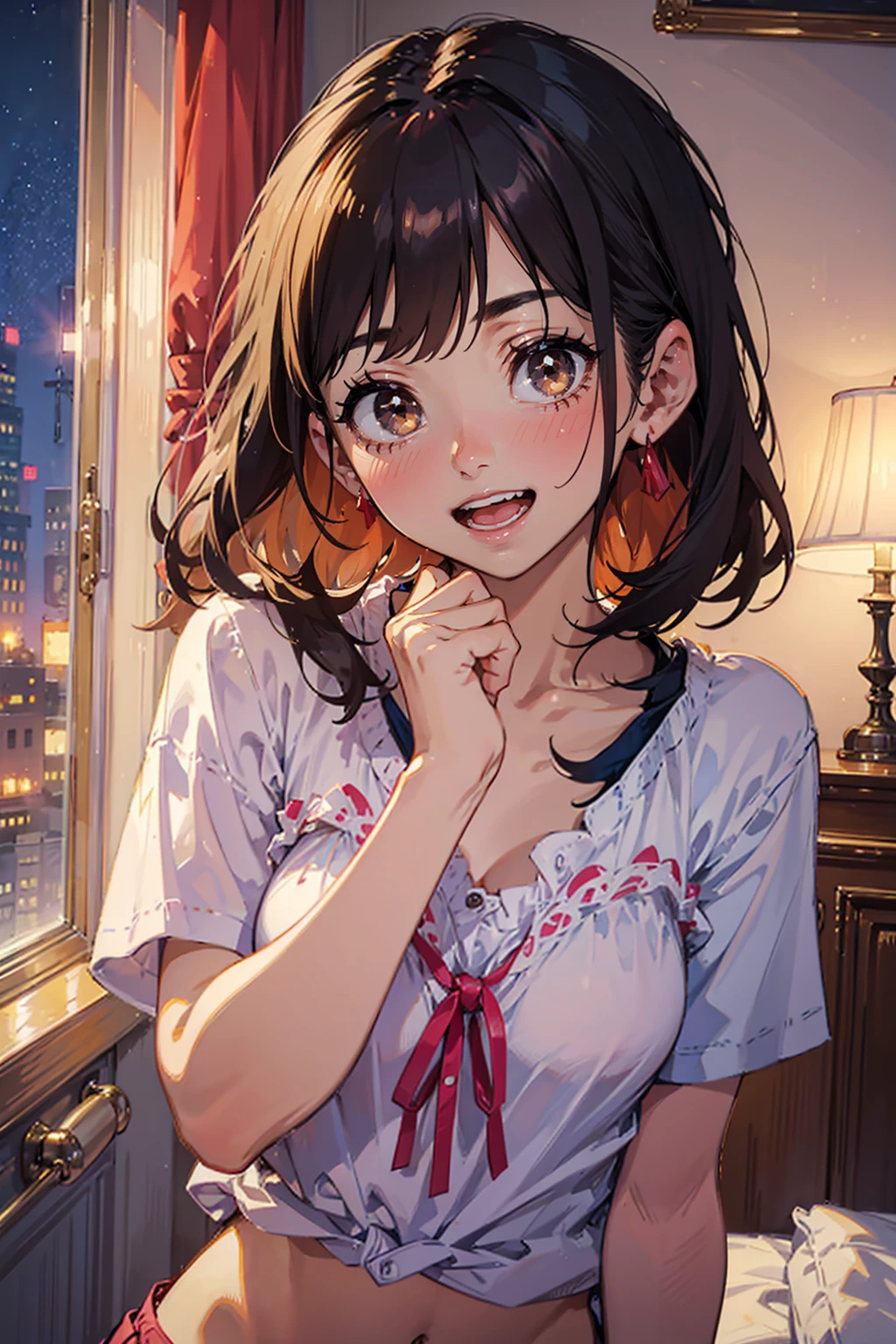 1beautiful girl,cute,face focus,face up,upper body,open mouth wide and shows throat,Smile with mouth wide open,lip stick,from the front,in bedroom,at night,underwear