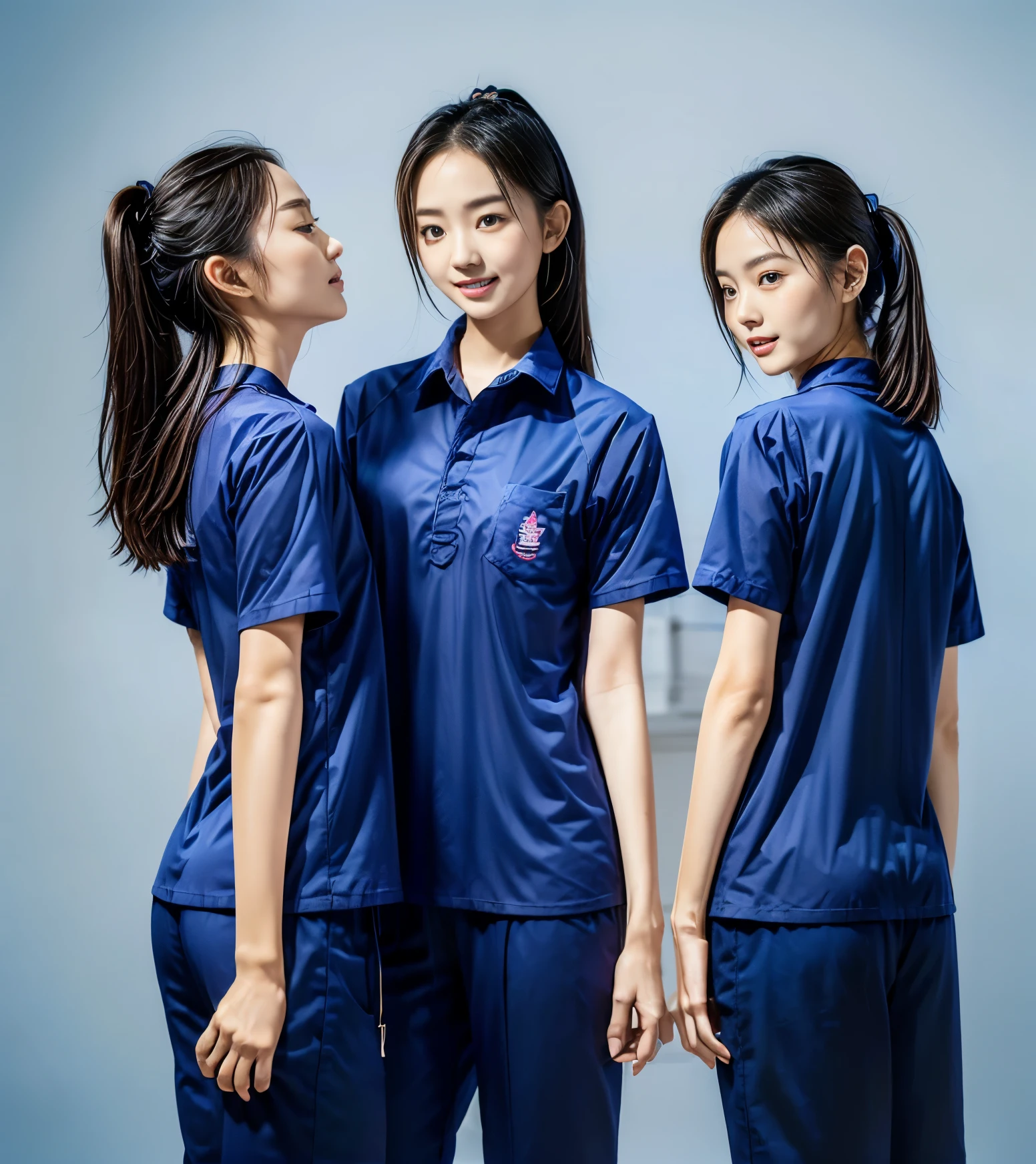 (best quality,10,10,height,Masterpiece:1.2),Special details,(realistic,ภาพrealistic,Realistic photos:1.37),1 Cute girl in the kitchen,shiny, ผิวshiny,only,smile softly,BDclothelue shirt:1.3)),short sleeve,shirt, กางเกงขาlong.,(navy_long_track pants:1.1), ((Kitchen Background)),Dynamic angle,excited,Face focus,dynamic poses,from behind,focus on ass,Masterpiece, best quality, ultra realistic, hyper detail, 8k resolution, raw photos, Sharp focus, ((Navy blue shirt:1.1)), short sleeve, เส้นทางlong, perfect body, 2 mature women, 18 years old, Cinema-grade lighting system,blue sweatpants,shirtผ้าออกกำลังกาย,correct anatomy,perfect body, correct body, Sharp face, correct bodyทางกายวิภาค, full body, realistic gestures, long-haired, realistic poses,Wear long shorts...........................,ช่วงขาlong,Good shape,carved girl, Slender figure, model, Good shape, beautiful body,blue sweatpants, two girls kissing