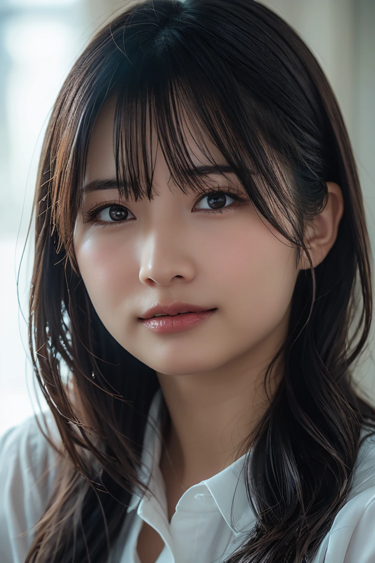 Close-up of a woman with long hair and white shirt, HeadshotProfile picture, Headshot Portrait,photo of Asian woman who is around 55 years old and has some wrinkles around the corners of her eyes, but her skin has a youthful, gorgeous, and beautiful radiance,half closed eyes:1.3, squinting