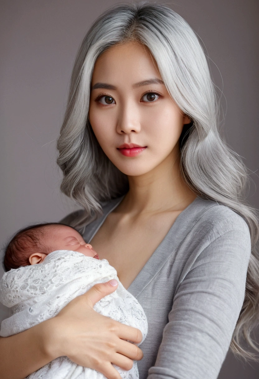 Extremely beautiful beautiful woman of 28 years old white Chinese hair big and beautiful eyes in gray color, a beautiful, well-proportioned body carrying a beautiful two--old b