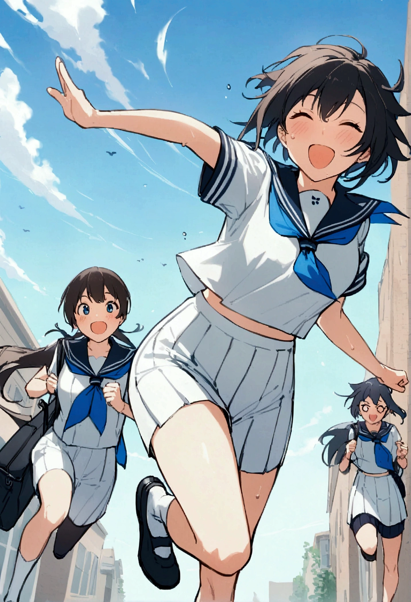 広大なblue sky,Very detailed, delicate and dynamic,Big smile,Great quality, 16K,Student Bag,Black Hair,女子高生がblue skyを駆け抜ける,白いcloud,running,Sailor suit,uniform,Young people,,blue sky,cloud, Wind effects, background,Side dash,Sweat,Side dash,sense of achievement,Jump