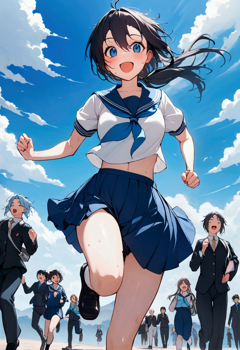 広大なblue sky,Very detailed, delicate and dynamic,Big smile,Great quality, 16K,Student Bag,Black Hair,女子高生がblue skyを駆け抜ける,白いcloud,running,Sailor suit,uniform,Young people,,blue sky,cloud, Wind effects, background,Side dash,Sweat,Side dash,sense of achievement,Jump