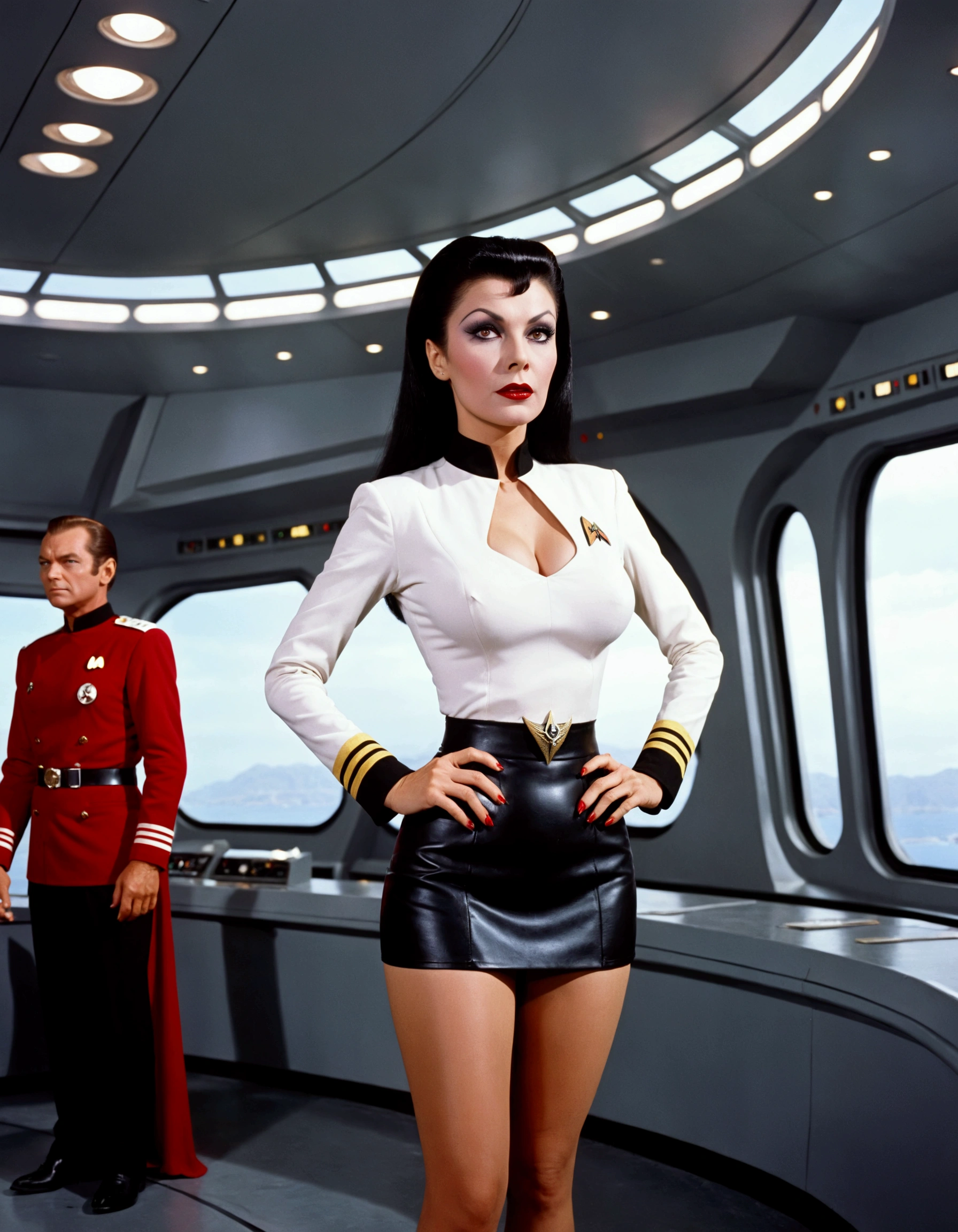 1 woman (Vampira Maila Nurmi, age 25, star fleet mini skirt uniform(breasts over exposed)), visiting the bridge of the Enterprise to advise Captain Kirk