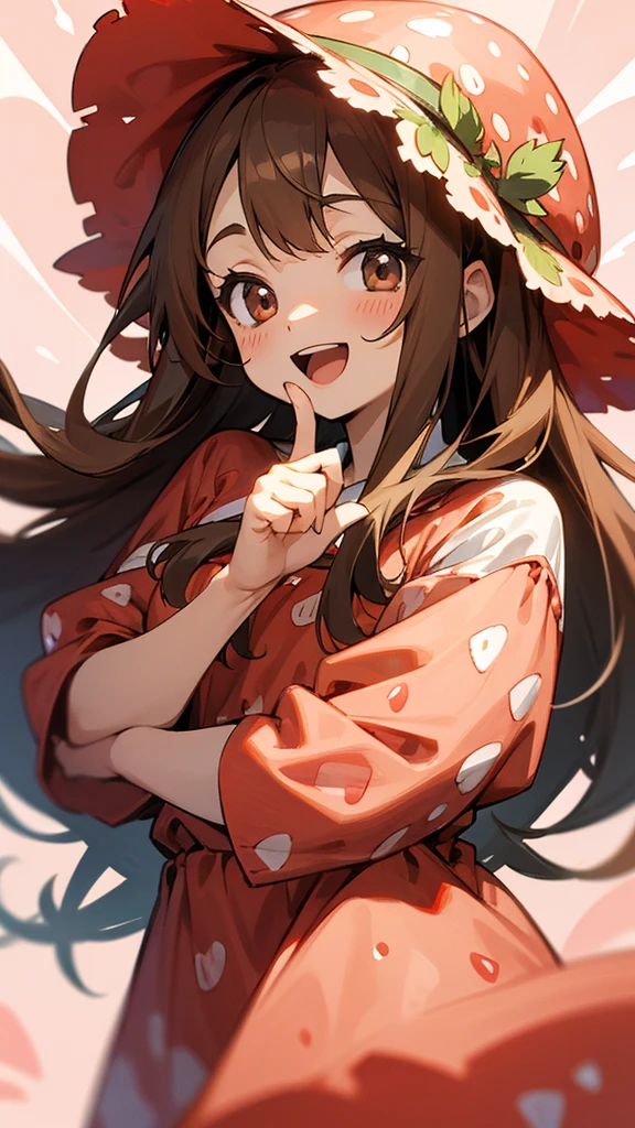 Long brown hair and head、Easy to understand strawberry hat、Anime Girls、smile、Open your mouth、Lots of strawberry-print clothes、Background is white
