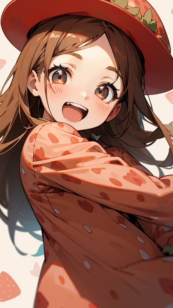 Long brown hair and head、Easy to understand strawberry hat、Anime Girls、smile、Open your mouth、Lots of strawberry-print clothes、Background is white