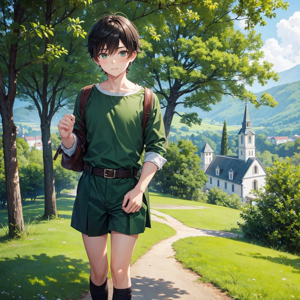 Cute boy in green、Church and hill