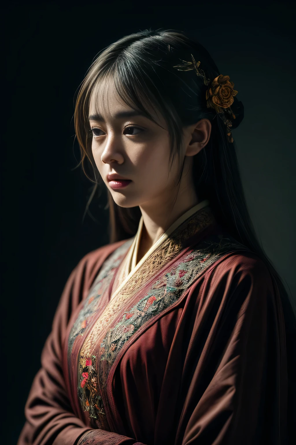 Formula art、Unity 8k wallpaper、Super detailed、beautiful、beautiful、masterpiece、Highest quality、dark、Atmospheric、mysterious、romantic、Creepy、literature、art、fashion、Ming and Qing dynasties、Decoration、complicated、Ironwork、embroidery、ponder、Depth of emotion、supernatural、 One girl、独奏、head、Bust Configuration、Hanfu with bare shoulders、Beautiful cleavage、