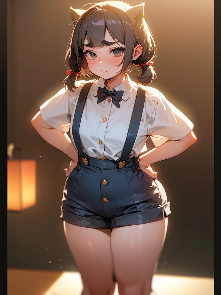(Sumilux f1.4 50mm , low Latitude old color negative film , cross process , bokeh, flare, chromatic aberration , soft focus, (Shallow focus) , soft glow , Maximum aperture, high Key , Transparent depiction) , hentai anime style , innocent erotica , girl , (Thick thighs) , (Short stature) , (blunt bangs , Pixie Cut , Twin tail hairstyle ) , (round maro eyebrows:1.2) , (Baggy short Culottes) , suspenders , twin melons , Itchy groin , (Crotch stain) , Holding in the pee , A little bit came out , The button is off