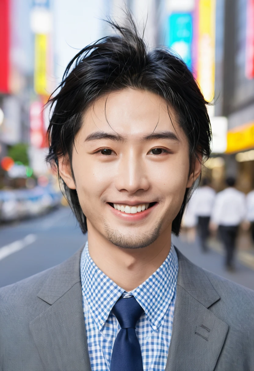 Japanese men、Age 25、Black Hair、Random Hair、Gloss in hair、Shibuya Streetscape、Clear facial expression、Highest quality、Realistic Skin、smile、good looking、Casual Suits