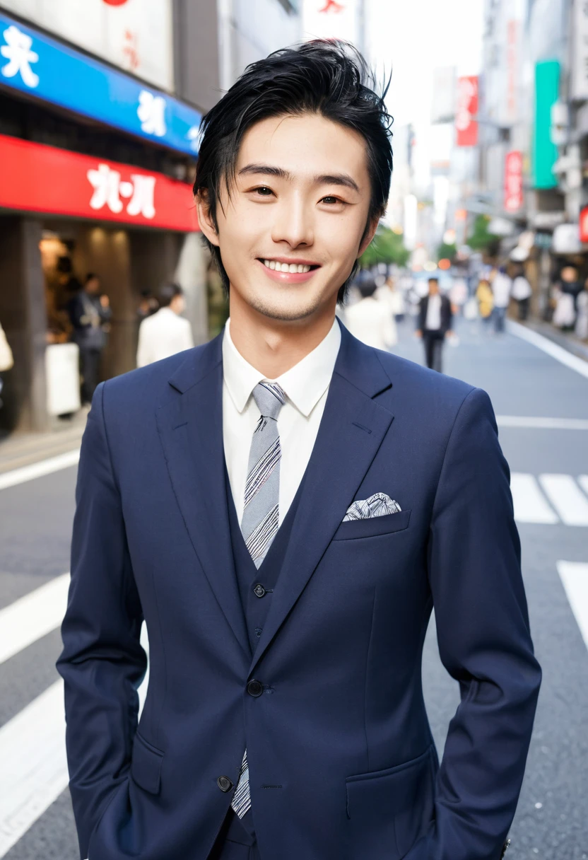 Japanese men、Age 25、Black Hair、Random Hair、Gloss in hair、Shibuya Streetscape、Clear facial expression、Highest quality、Realistic Skin、smile、good looking、Casual Suits