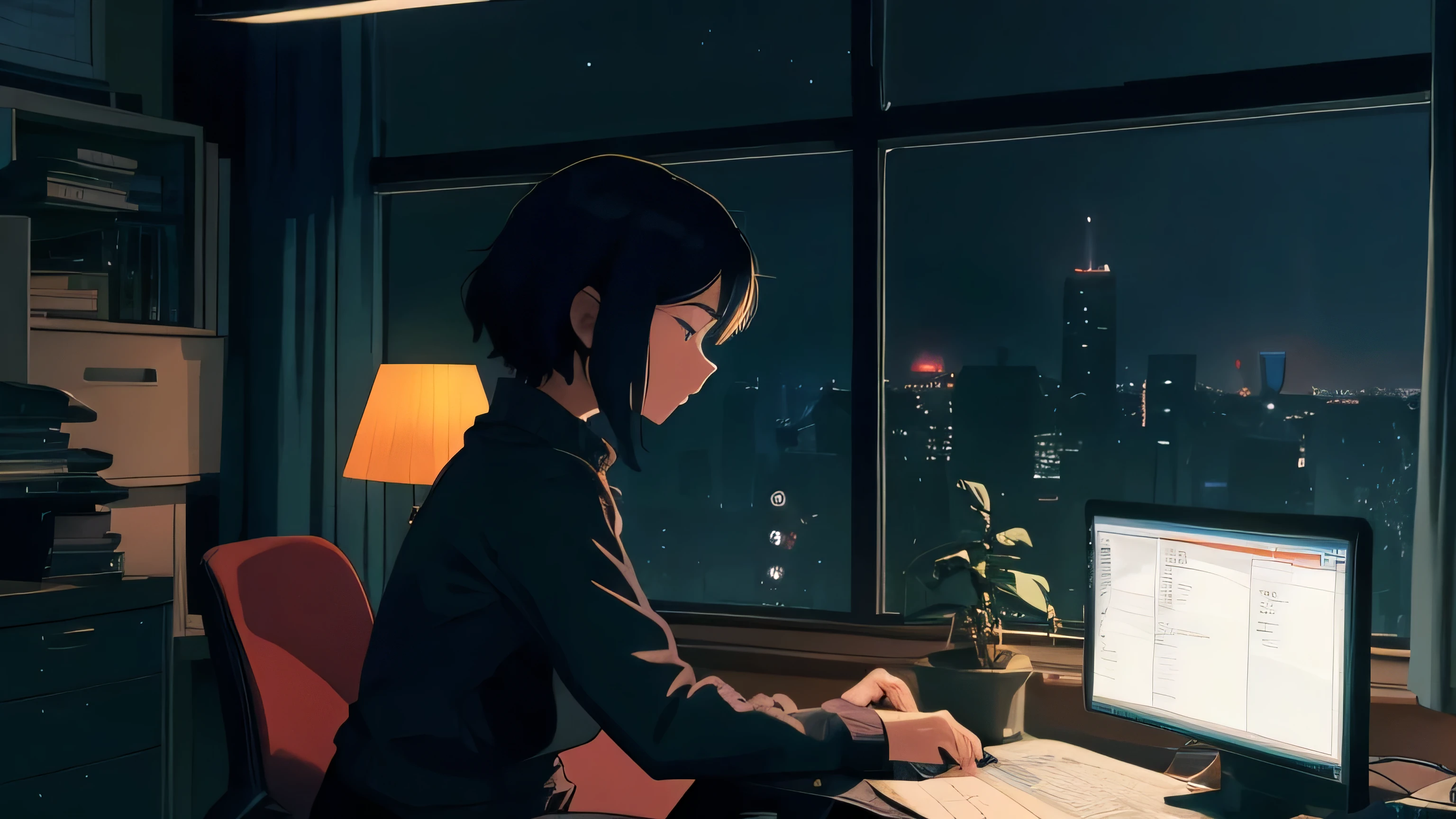 A scene depicting a woman in her twenties, a programmer working in her home office. She has short hair and is intensely focused on her computer screen. It's night, and the room is dark. On the desk, there are a keyboard, a mouse, and several programming books. In the background, city lights are visible through a large window. The soft glow of a desk lamp illuminates her workspace. This illustration captures the atmosphere of a quiet and peaceful night, with a woman absorbed in coding alone.