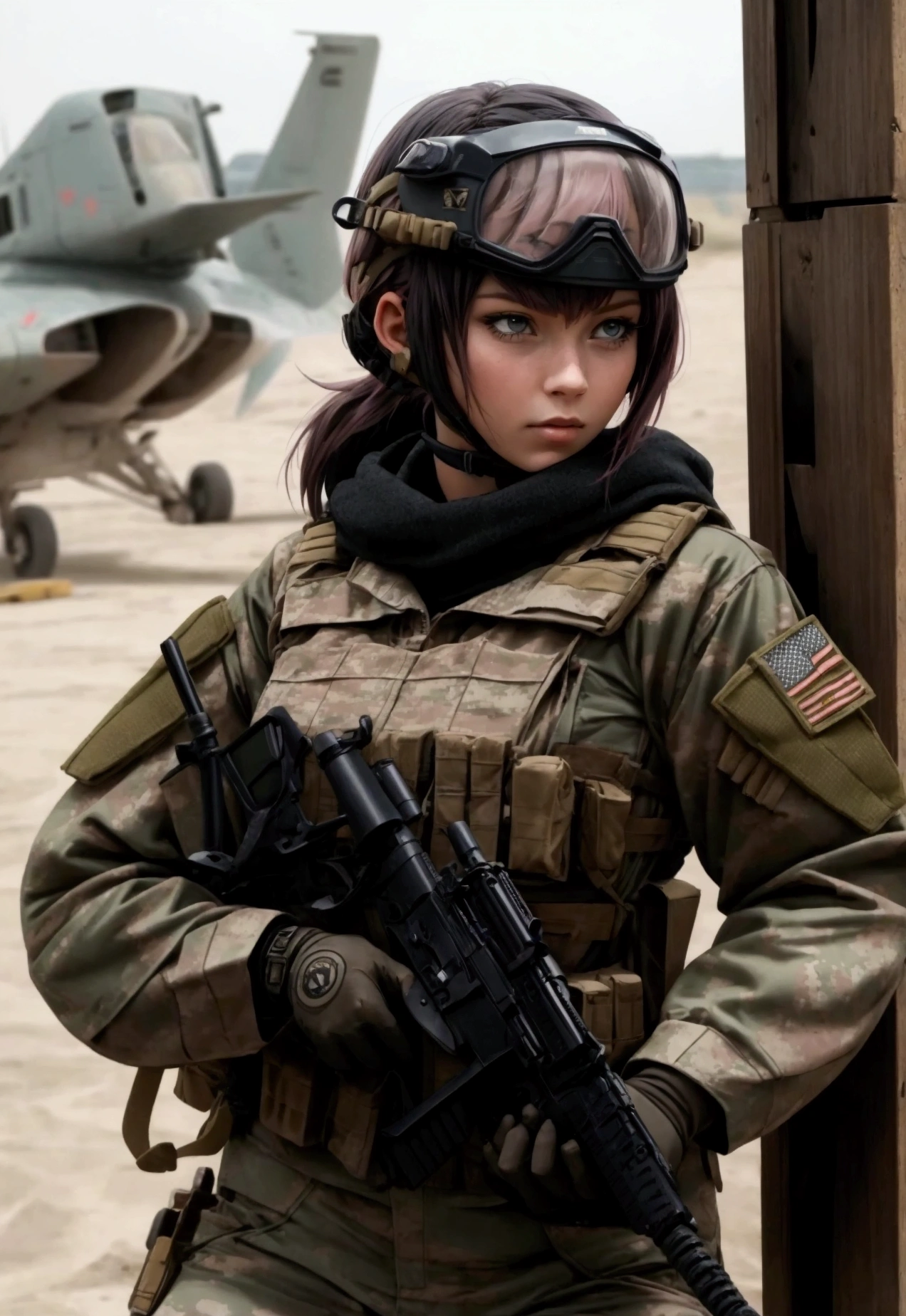 Woman with short pink hair wearing black military special ops