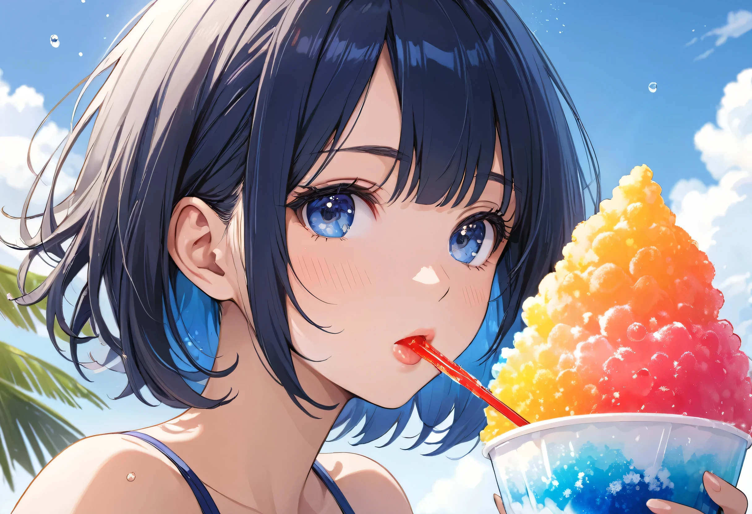 One girl, blonde short hair, wearing a swimsuit and eating shaved ice, shaved ice, shaved ice with syrup,(((masterpiece))), (((best quality))), ((ultra-detailed)), (illustration), (detailed light),((an extremely delicate and beautiful)),(beautiful detailed eyes),