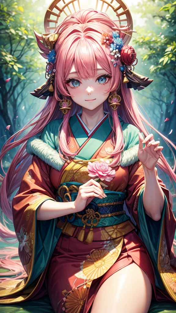 (She holds the flower in both hands.),pink hair, hair over shoulder, parted bangs, jewelry, flower on head, mismatched pupils, aqua eyes, heart earrings, light smile, closed mouth, cinematic lighting, UHD, textured skin, high details, best quality, highres, 4K, 8k,lush forest, magical atmosphere, traditional Japanese painting technique, vibrant colors, soft lighting, fine fur, mysterious presence, intricate patterns