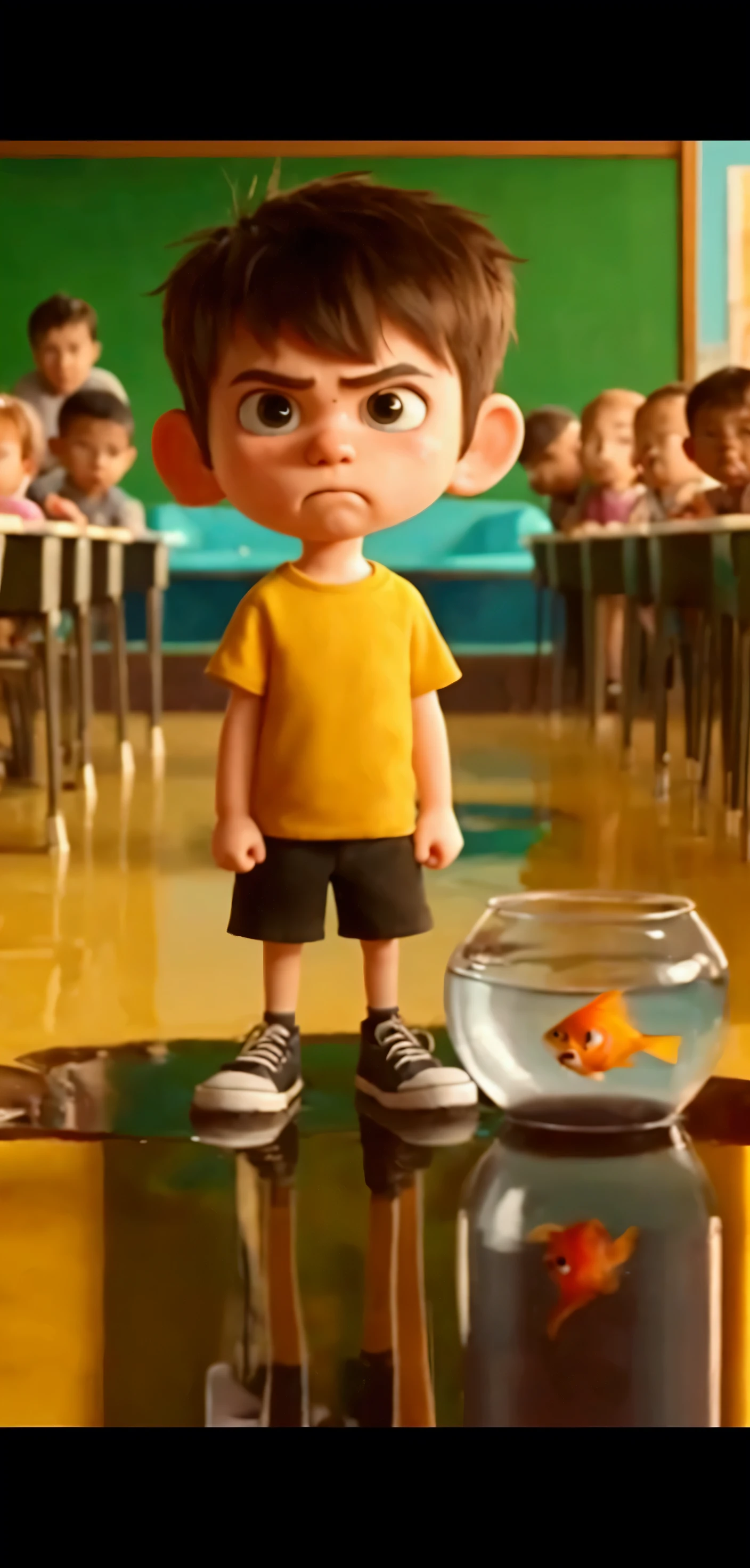 The boy was angry and pot is transparent having some water and fish has mouth opened ans a water was forming puddle