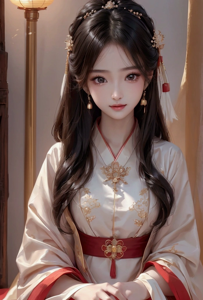 Best image quality、8k、masterpiece:1.3))、Realistic high-quality photos、Highest quality、 Beautiful face、Photos of slim models、Beautiful girl model、Young and pretty face、Beautiful model girl、A lovely and delicate face、Black Hair、Beautiful brown eyes、Young Body、Hanfu, (emphasize)、from the front、Camera gaze,、Anatomically correct、胸の谷間をemphasize、whole body、13-year-old female model、smile、Japanese women