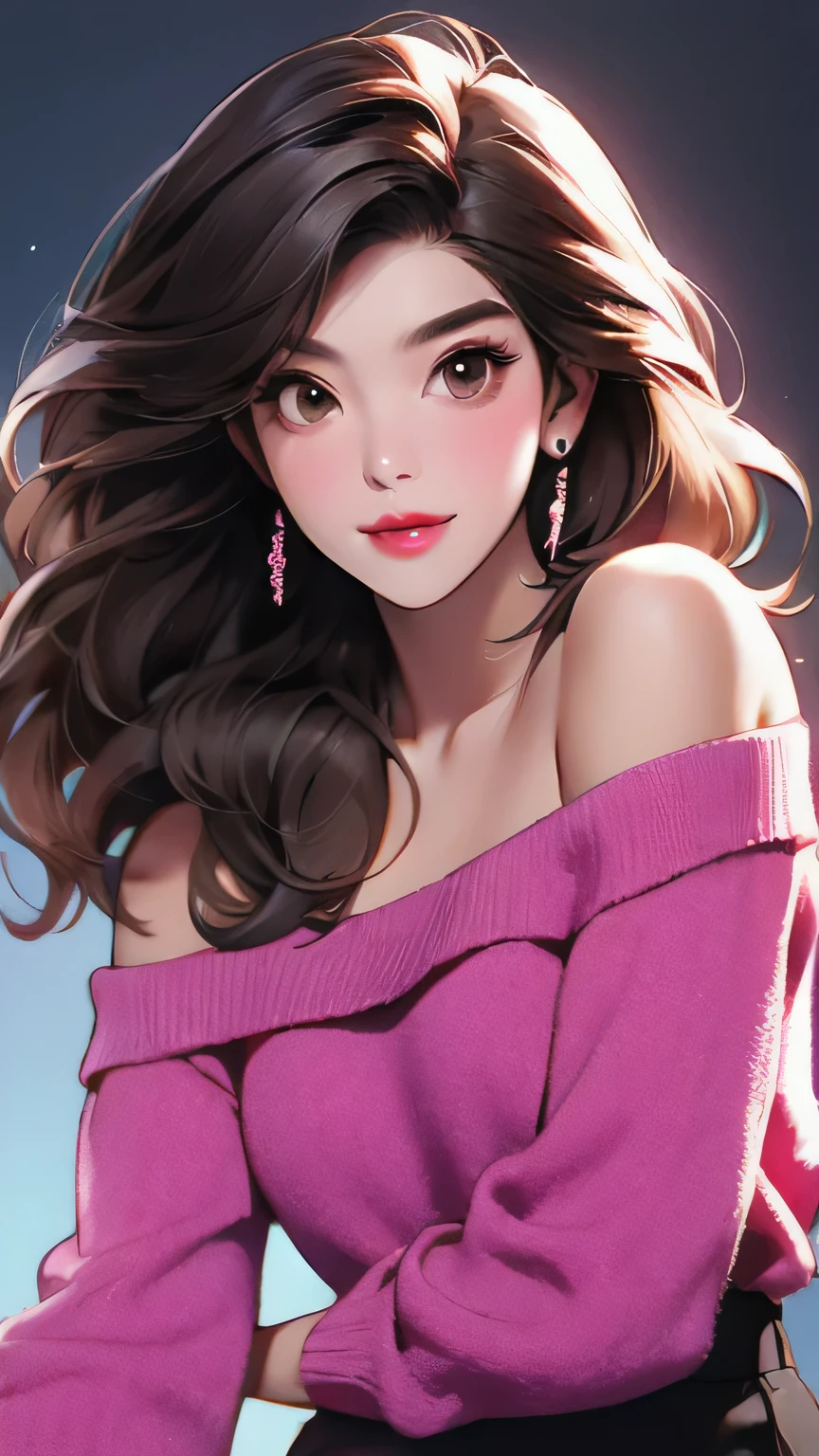 Girl, long brown hair, brown eyes, sharp features, white skin, bright pink lips, beautiful, blue off shoulder sweater