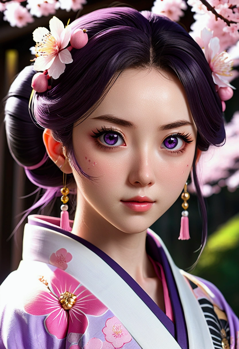 ((masterpiece)), ((ultra-hd)), ((best quality)), 1girl, purple hollow eyes, big eyes, long eyelashes, pink lips, smooth pale skin, kimono with a sakura design, (Shinobu Kochou From Demon Slayer), (shinobu kochou), ((from anime to real life)), ((realistic)), ((exact same but irl)), ((pitch perfect))