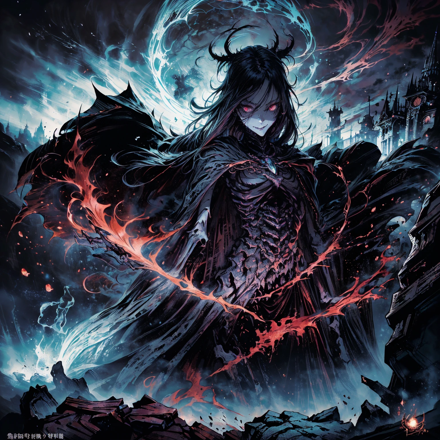 Black Hair动漫人物, Detailed cover design, Anime epic artwork, detailed key anime art, Be focused, dark fantasy artwork, Anime Fantasy Artwork, Official artwork with high detail, Dark Witch Panorama, Lich Vecna (d&d), (whole body:1.5), (Wide-angle lens:1.2), best quality, 4K, high resolution, (masterpiece:1.2), Very detailed, (current:1.37), (Anatomically correct:1.2), Mood lighting, Undead girl in a long cloak, Black Hair, 除了头仍然是美丽的人脸之外whole body都是骷髅骨头, Wearing a tattered gothic skirt, A sense of alienation, Dangerous sneer, Smiling and crying, Facing the camera, Pitch black sky, Blood red moon, strange atmosphere, Gothic style, Unforgettable beauty, Dramatic shadows, Ethereal Light, Mysterious atmosphere, Resurrection from the grave, The Black Magic, Dead, Dark Force (StarWar), Force lightning radiates from fingertips.