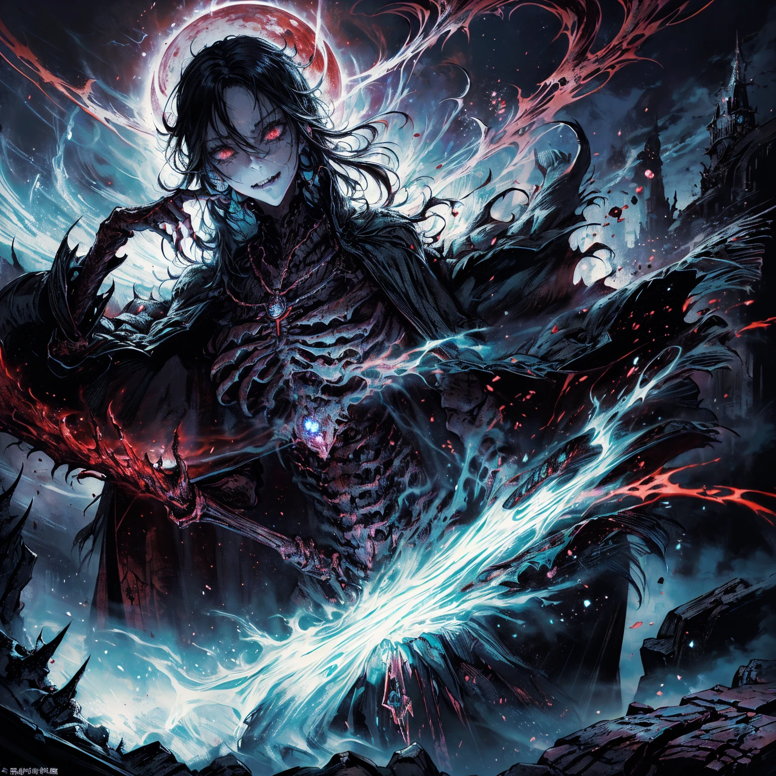 Black Hair动漫人物, Detailed cover design, Anime epic artwork, detailed key anime art, Be focused, dark fantasy artwork, Anime Fantasy Artwork, Official artwork with high detail, Dark Witch Panorama, Lich Vecna (d&d), (whole body:1.5), (Wide-angle lens:1.2), best quality, 4K, high resolution, (masterpiece:1.2), Very detailed, (current:1.37), (Anatomically correct:1.2), Mood lighting, Undead girl in a long cloak, Black Hair, 除了头仍然是美丽的人脸之外whole body都是骷髅骨头, Wearing a tattered gothic skirt, A sense of alienation, Dangerous sneer, Smiling and crying, Facing the camera, Pitch black sky, Blood red moon, strange atmosphere, Gothic style, Unforgettable beauty, Dramatic shadows, Ethereal Light, Mysterious atmosphere, Resurrection from the grave, The Black Magic, Dead, Dark Force (StarWar), Force lightning radiates from fingertips.