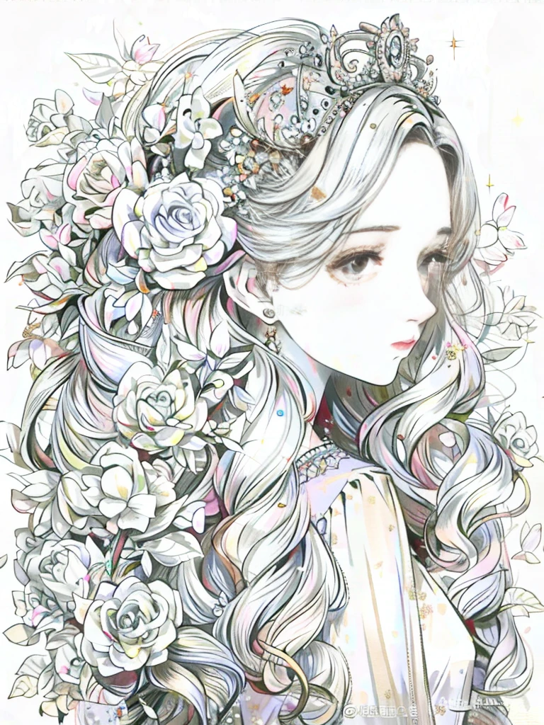 Kizi,pink flowers that, A sparkling diamond crown, blackquality hair,Wearing white lace dress Facing forward
