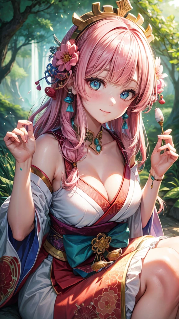 (She holds the flower in both hands.),pink hair, hair over shoulder, parted bangs, jewelry, flower on head, mismatched pupils, aqua eyes, heart earrings, light smile, closed mouth, cinematic lighting, UHD, textured skin, high details, best quality, highres, 4K, 8k,lush forest, magical atmosphere, traditional Japanese painting technique, vibrant colors, soft lighting, fine fur, mysterious presence, intricate patterns