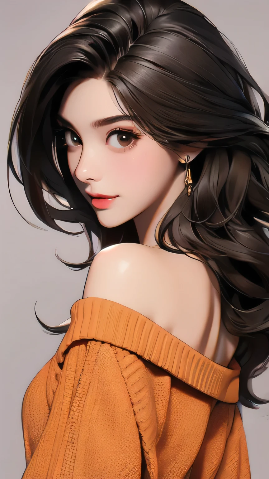 Girl, long brown hair, brown eyes, sharp features, white skin, sexy lips, beautiful, blue off shoulder sweater,facing forward