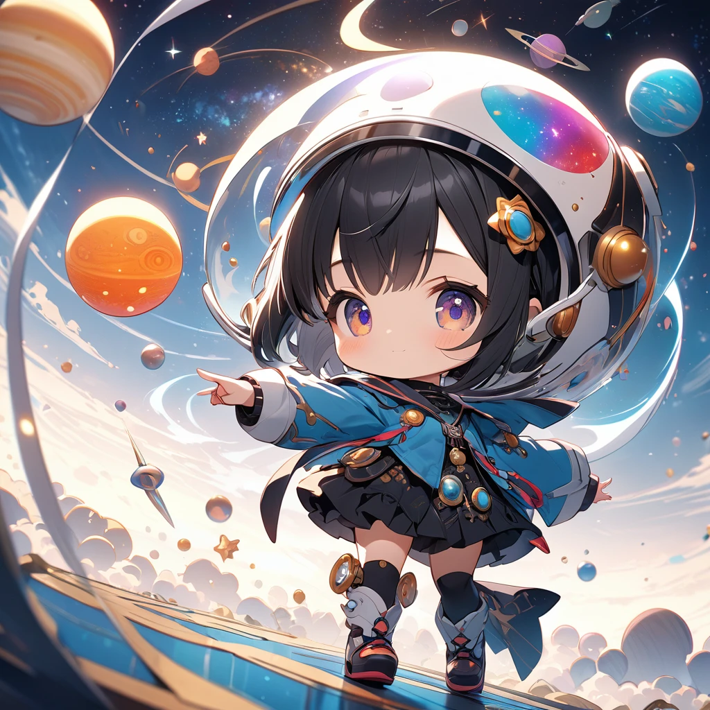 kawaii, Astrologer girl, Alone, Ultra-small deformation, innocent, 
BREAK Counting celestial bodies floating in an aesthetic universe, Point and confirm, 
BREAK: Desperately tracking the celestial bodies with your fingers to predict your fortune with astrology, 
BREAK Cute composition, Absurd aesthetics, 
BREAK Professional spray work, Detailed and intricate texture, Detailed and intricate brushwork, Detailed and clear depiction, Anatomically correct, Absurd aesthetics, 
BREAK Highest quality, Highest Resolution, Octane Rendering, super retina vision, 