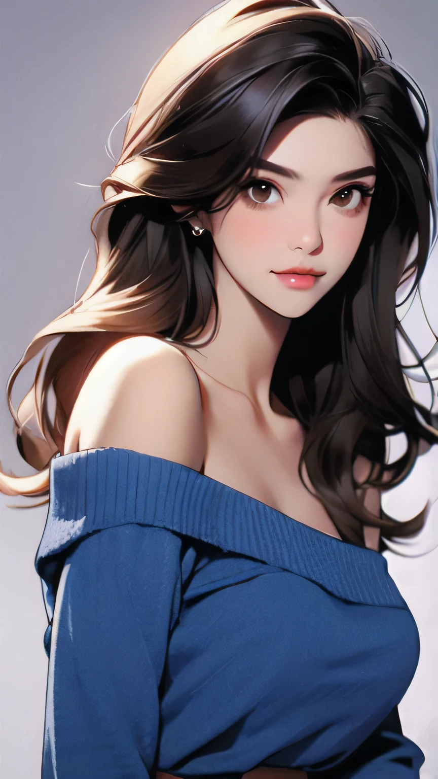 Girl, long brown hair, brown eyes, sharp features, white skin, sexy lips, beautiful, blue off shoulder sweater,facing forward