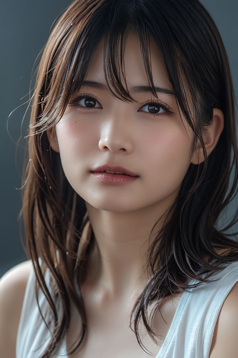 Close-up of a woman with long hair and a white tank top, HeadshotProfile picture, Headshot Portrait,photo of Asian woman who is around 55 years old and has some wrinkles around the corners of her eyes, but her skin has a youthful, gorgeous, and beautiful radiance,half closed eyes:1.3, squinting