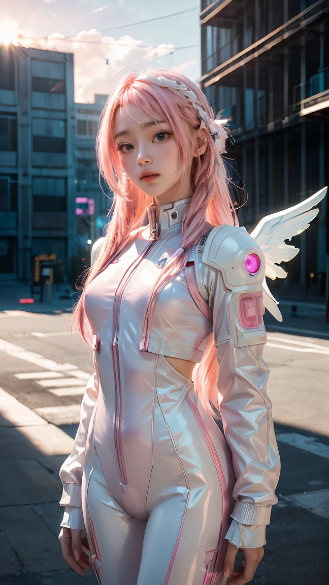 ((masterpiece, best quality, extremely detailed), volumetric lighting, ambient occlusion, colorful, glowing), 1girl, solo, young girl, (pink hair), long hair, halo, aura, sacred, godness, cyber suit, (white outfit:1.3), android, bot, angel wings, outdoors, sunset, sky, clouds, space, (cyberpunk theme:1.2),