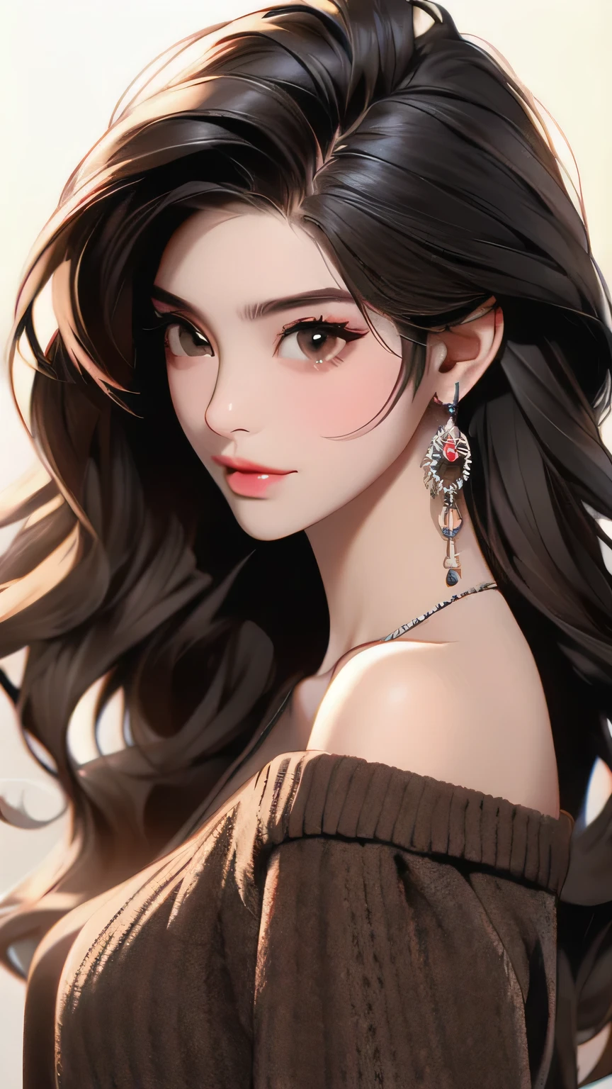 Girl, long brown hair, brown eyes, sharp features, white skin, sexy lips, beautiful, blue off shoulder sweater,facing forward