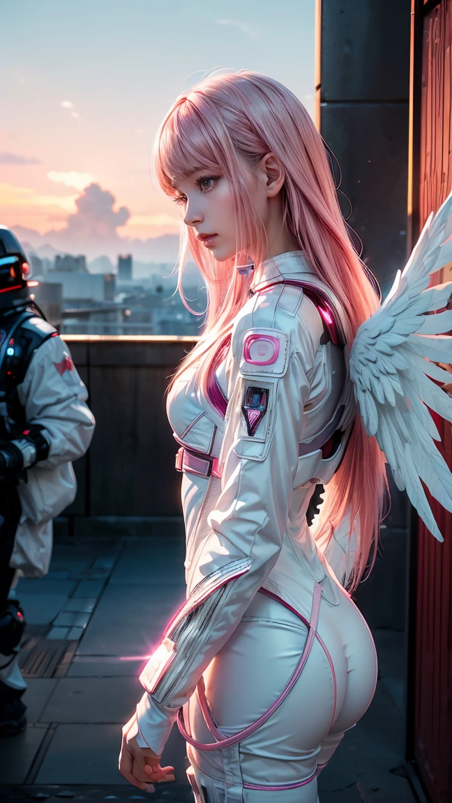 ((masterpiece, best quality, extremely detailed), volumetric lighting, ambient occlusion, colorful, glowing), 1girl, solo, young girl, (pink hair), long hair, halo, aura, sacred, godness, cyber suit, (white outfit:1.3), android, bot, angel wings, outdoors, sunset, sky, clouds, space, (cyberpunk theme:1.2),