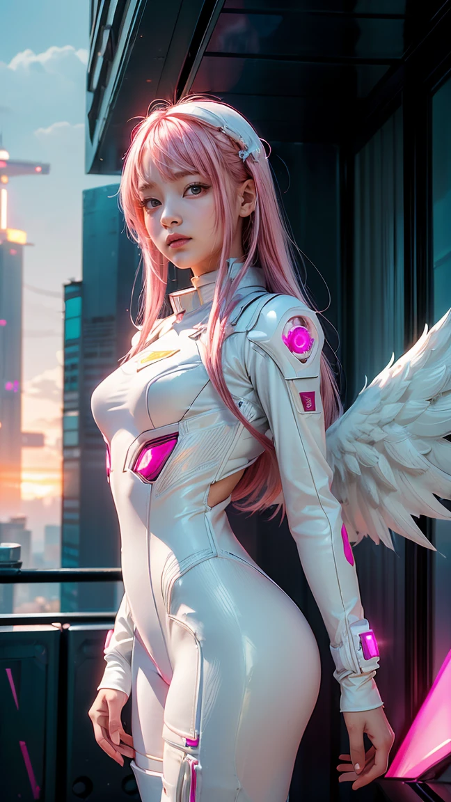 ((masterpiece, best quality, extremely detailed), volumetric lighting, ambient occlusion, colorful, glowing), 1girl, solo, young girl, (pink hair), long hair, halo, aura, sacred, godness, cyber suit, (white outfit:1.3), android, bot, angel wings, outdoors, sunset, sky, clouds, space, (cyberpunk theme:1.2),