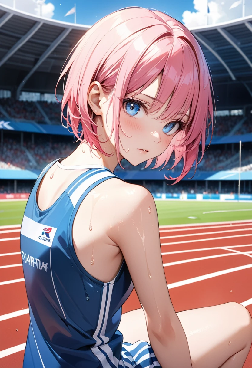 (((masterpiece))),(((high resolution)))、(((8K quality)))、(((perfect face)))、((Eyes of the highest quality)), one girl、24 years old、best tits、big bust、beautiful eyes、hot pink hair, ((very short hair))、blue eyes, paris olympics、athletics stadium、Sprinter, track and field uniform, wet body, expressionless、blush、sweat、looking at viewer, from behind, looking again, sexy pose, Bewitching pose, arched backrest, me'm stretching、bottom up, stick out butt,