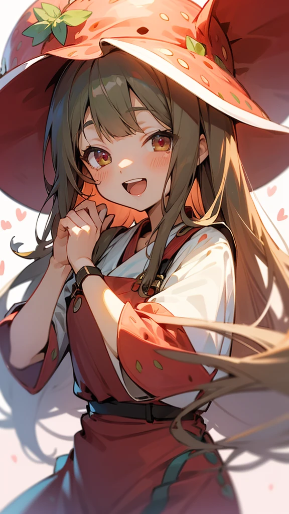 Overall image、One girl、茶色のLong Hairと頭に、Easy to understand strawberry hat、Anime Girls、smile、Open your mouth、Lots of strawberry-print clothes、Background is white、Long Hair, Background blur, Anime Style, 