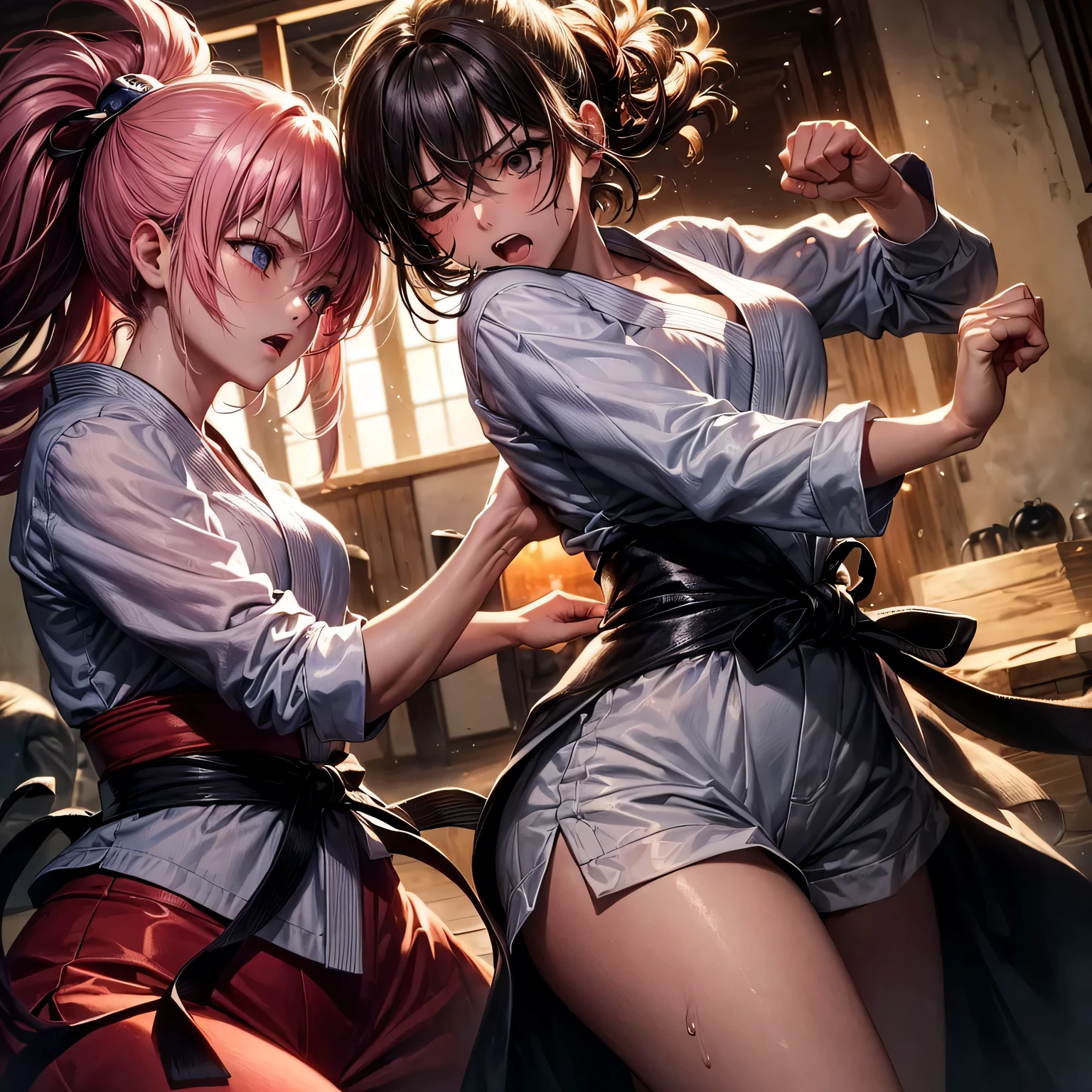 (((masterpiece))), (((best quality))), ((ultra-detailed)), (illustration), (an extremely delicate and beautiful),girl, karate match, fight, action pause, punch, sunset, dojo, Anguished expression, pain, pain, Close one eye,