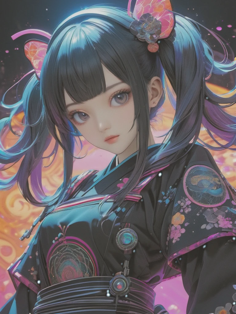 Twin tails, Aesthetic harmony of dark colors, Gothic Cyberpunk, A miraculous fusion with Ukiyo-e, Creating a fantastical view of the universe with a holographic transparent coating, 
BREAK: Dyeing clothes with fluorescent neon colors, Microscopic transparent iridescent gemstones border the outline, 
BREAK Professional spray work, Detailed and intricate texture, Detailed and intricate brushwork, Detailed and clear depiction, Anatomically correct, Absurd aesthetics, 
BREAK A dark background that makes the subject stand out, dramatic cinematographic lighting, 
BREAK Highest quality, Highest Resolution, Octane Rendering, super retina vision, 