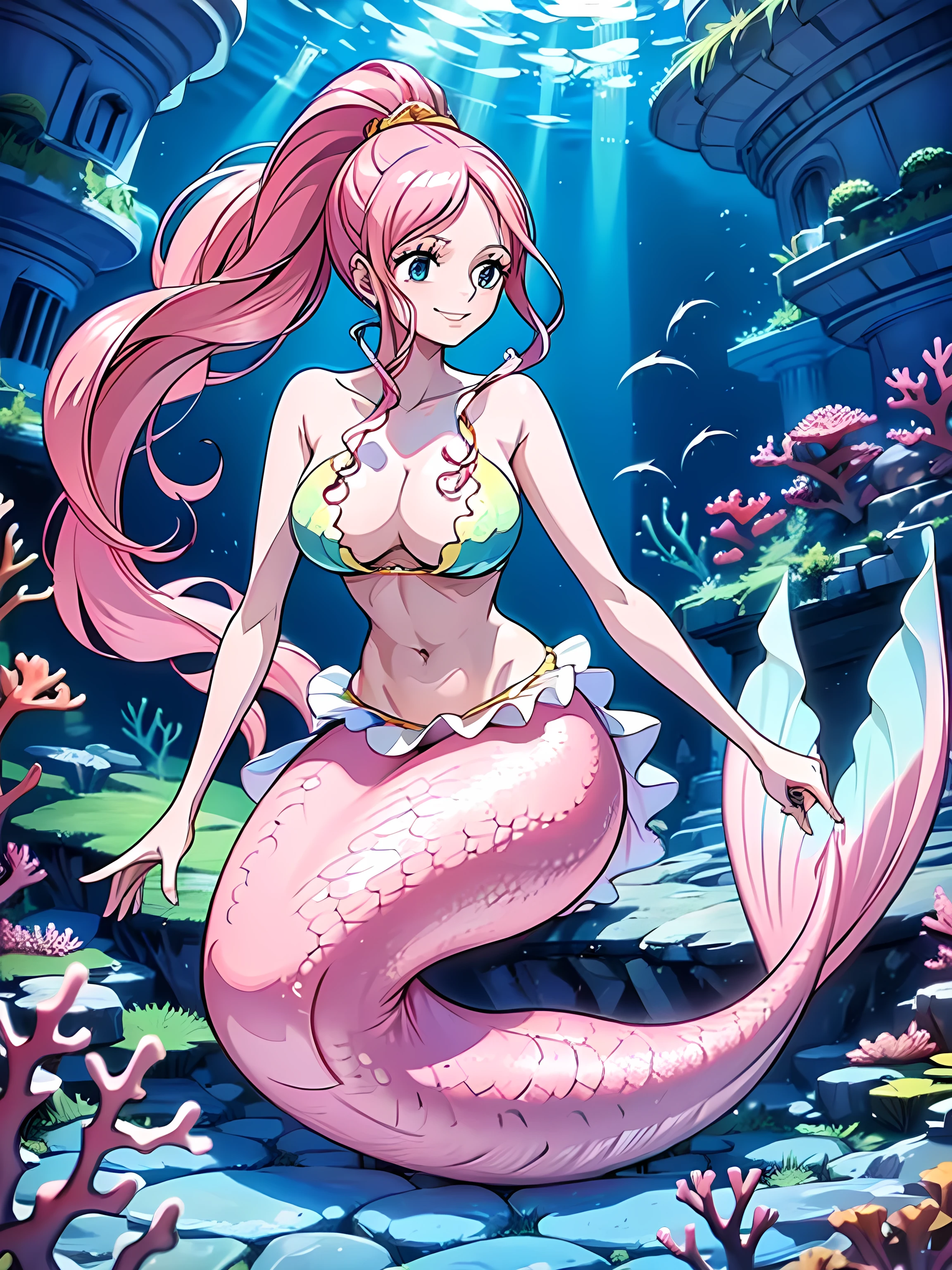 highres,ultra-detailed, 8k, Highly Detailed, Masterpiece, Hyperdetail, Illustration, full_body, HDR, Depth of Field, Maximum Sharpness and Clarity, Multi-layer Textures, finger detailing, refined facial features, focus on the face, Dynamic Angle, Cinematic Light, lens_flare, beautiful Eyes, 1 girl, solo, mermaid, ((full pink tail)), full pink fin, big fish tail shirahoshi one piece, in the sea, ((pink long hair, ponytail)), bikini, sexy body, wide hips, The fin drawing is better, big breasts, perfect slim body, Cute face, kawaii, happy, smile, Hefty Smile, She is surrounded by colorful coral reefs and various fish in an underwater scene. The background is a gradient of blue hues, giving a sense of depth and light filtering through the water. The overall style is whimsical and fantastical, with detailed and vivid colors that bring the underwater world to life, corals and fish, view from the top, top view