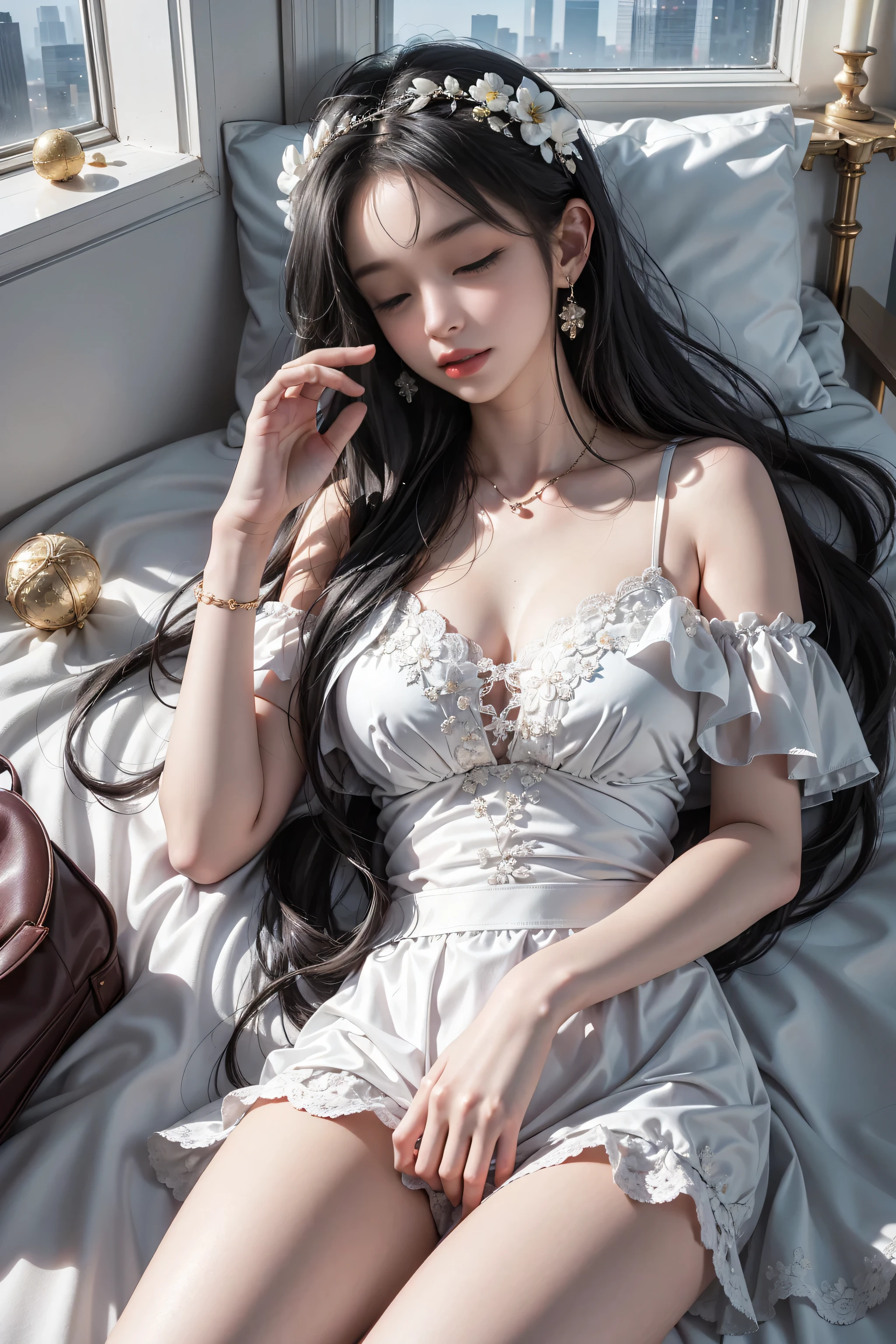 （(Girl lying on bed))、Beauty、 One Girl、alone、Long Hair、Viewer、smile、（Eyes closed)、hair ornaments、、gem、Gray Hair、Shut your mouth、Blunt banganicure、bracelet、lips、Grey Eyes、Portraiture、Red nails、close、赤いlips、Put your hands on your face、Place your hand on your cheek、()、(Shiny skin)、((Skyscrapers are hazy outside the window))、(Off-shoulder white dress with floral pattern),),((Girl sleeping with legs slightly apart)),(Leg spread),((White panties are visible)),（Lift-up skirt)、((holding a wine glass)),(スカートたくし上げる),((白いパンティー見えている))、