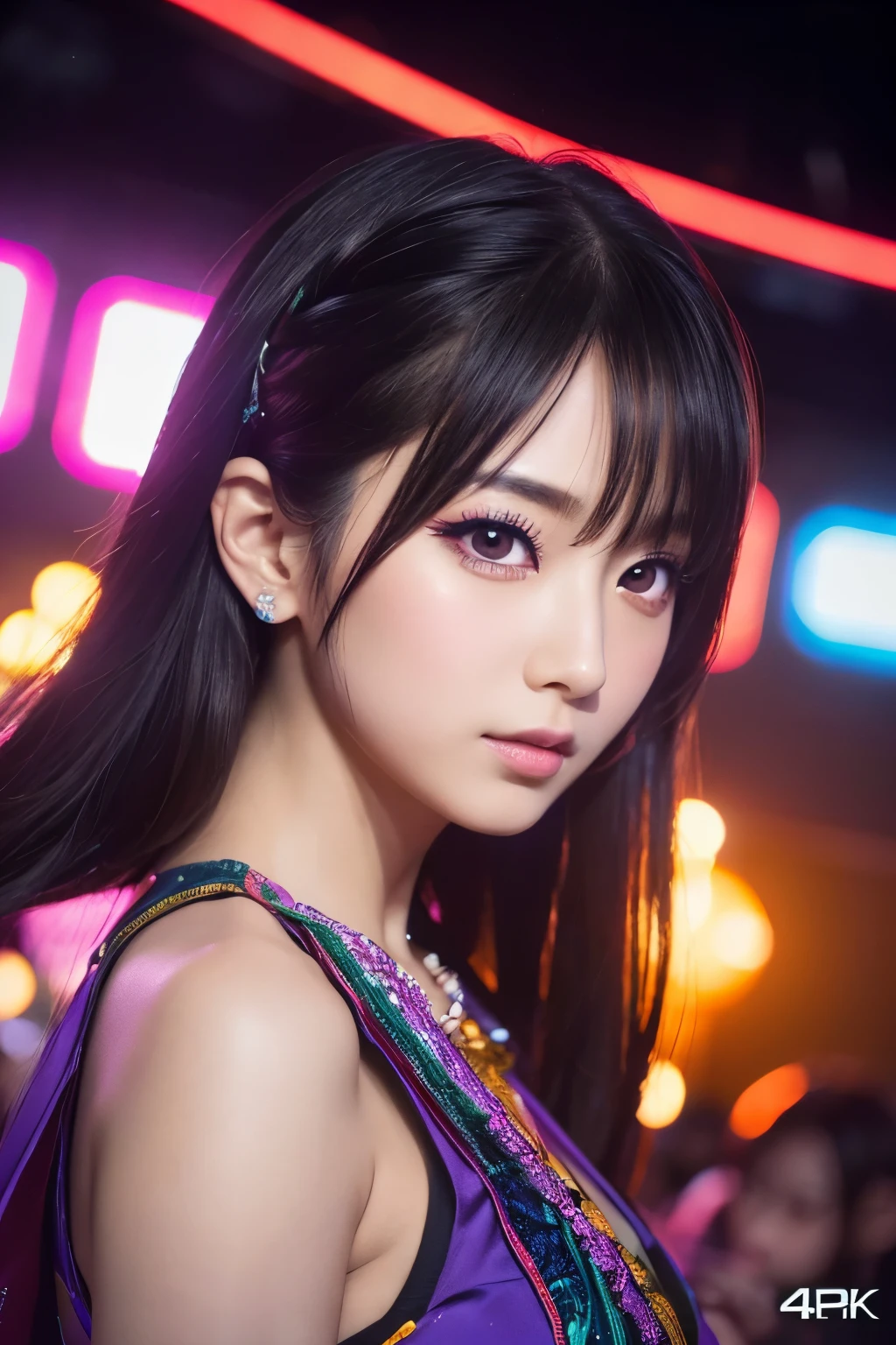 a group of 5 japanese female idol singers and dancers, beautiful detailed eyes, beautiful detailed lips, extremely detailed eyes and face, long eyelashes, colorful and vibrant costumes, dynamic dance poses, intricate choreography, dramatic lighting, neon stage, glowing sci-fi background, (best quality,4k,8k,highres,masterpiece:1.2),ultra-detailed,(realistic,photorealistic,photo-realistic:1.37),vivid colors,cinematic composition