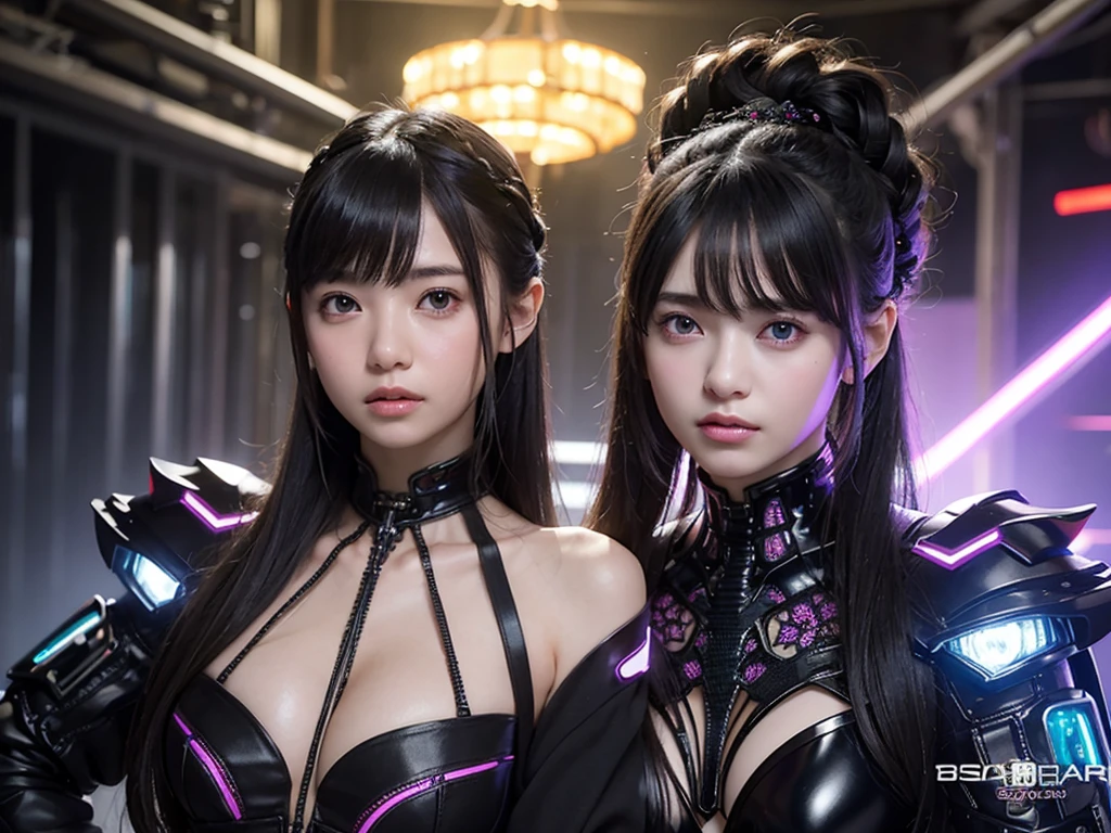 Highest quality、masterpiece、Ultra-high resolution、(Photorealistic:1.4)、RAW Photos、1 girl、Black Hair、Glowing Skin、Cyberpunk Suit、((Ultra-Realistic Details))、Portrait、Global Illumination、Shadow、Octane Rendering、In 8K、Super sharp、、Bare skin exposed in the cleavage、Metal、Intricate decorative details、More about Gothic ta、Luminous tube、Very intricate details、Realistic Light、CGSoation Trend、Purple eyes、Shining Eyes、To the camera、Neon Details、Mechanical Limbechanical vertebrae attached to the back of the blood vessels connected to the tubes、Cervical vertebrae mechanically attached to the neck、Sit on、Wires and cables connected to the head、Small LED Lamp、The background is a futuristic server room、
