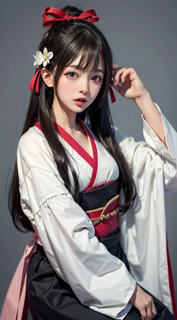 Woman in Japanese clothing、30s long hair beauty bangs, Simple Background, ribbon, Open your mouth a little, Abstract painting, 