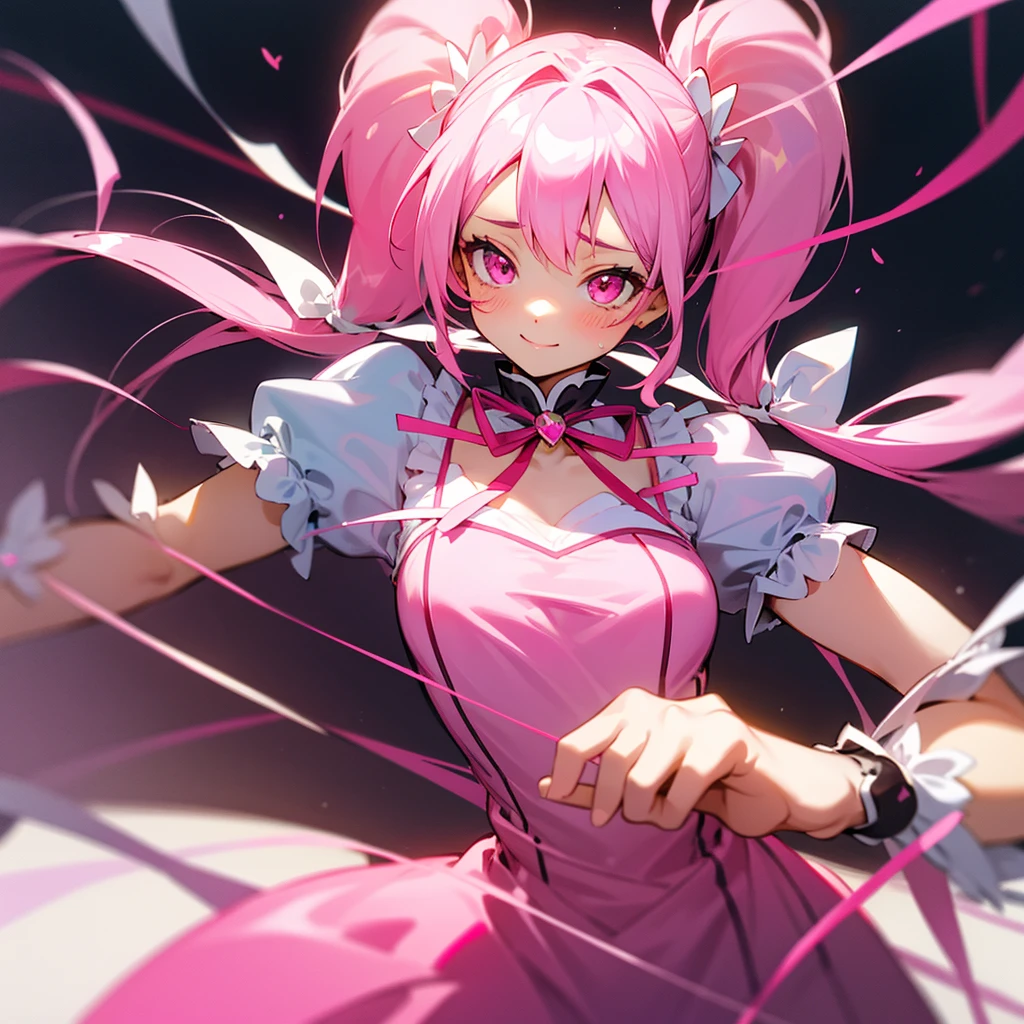 Long Hair, ribbon, Twin tails,
Pink eyes, Pink Magical Girl Cute Happy/joy,