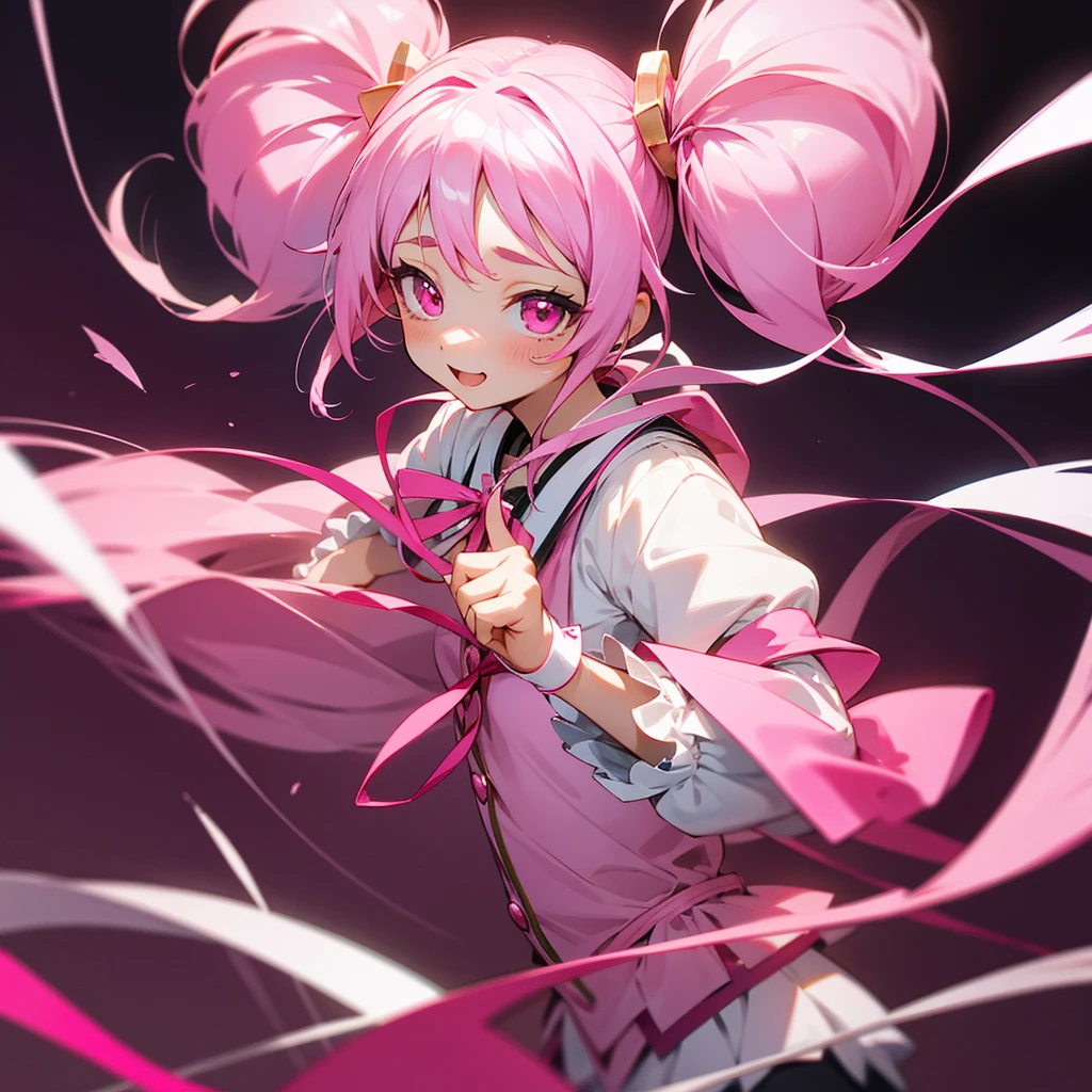 Long Hair, ribbon, Twin tails,
Pink eyes, Pink Magical Girl Cute Happy/joy,