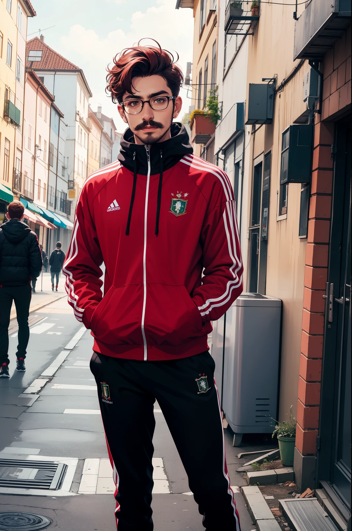 ((high qualiy)), 4K, very detailled, naughty man, natta, citys, confident, Youngh, Red hair, shorth hair, curled mustache, portugal, track suit, track suit portugal, square glasses