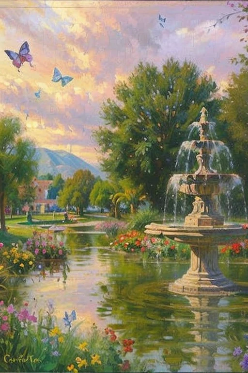 A beautiful picture of a garden with many different kinds of colorful flowers. In the center there is a beautiful fountain with butterflies flying around the flower garden.