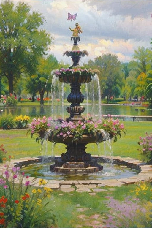 A beautiful picture of a garden with many different kinds of colorful flowers. In the center there is a beautiful fountain with butterflies flying around the flower garden.