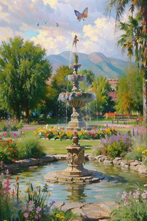 A beautiful picture of a garden with many different kinds of colorful flowers. In the center there is a beautiful fountain with butterflies flying around the flower garden.